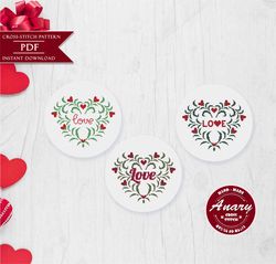 3 flower heart love ornament cross stitch pattern modern cross stitch heart needlepoint xstitch valentine's day gift