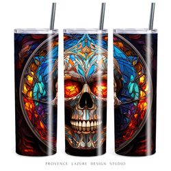 stained glass skull halloween 20 oz skinny tumbler sublimation digital design instant download png 20oz tumbler wrap 3d