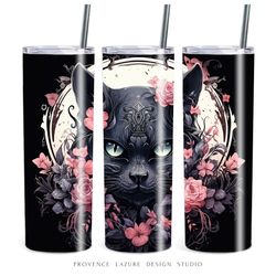 watercolor gothic floral black cat 20 oz skinny tumbler sublimation digital design instant download 20 oz tumbler wrap