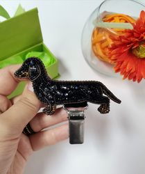 dachshund jewelry brooch beaded, dog show number clip, black tan dachshund, dog jewelry,  pet portrait jewelry