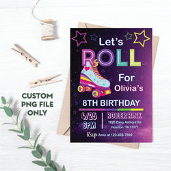 personalized file skate party birthday invitation png, party invitation girl boy roller skating png, retro neon,png file