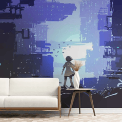 young girl standing cyberpunk city mural decal