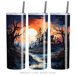 spooky halloween haunted house 20 oz skinny tumbler sublimation instant download png 20 oz tumbler wrap digital design