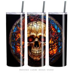 stained glass halloween skull 20 oz skinny tumbler sublimation digital design instant download png 20oz tumbler wrap 3d