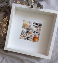 Framed Seashell Wall Mosaic Natural Sea Shells Coastal Nautical