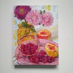 raspberry still life, flowers original oil painting, fine art