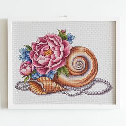 nautical cross stitch pattern pdf, seashell cross stitch, pearl necklace hand embroidery instant download pdf file coast