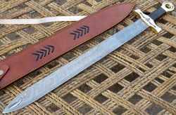 custom handmade damascus steel 27'' hunting sword with sheath gift for him, gift for husband, gift for friend