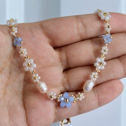 Blue Floral Necklace Daisy Choker Cute Beaded Choker Handmade Necklace Seed Bead Necklace Aesthetic Necklace Chokers