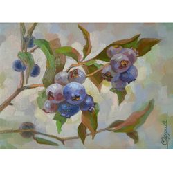 blueberry fruit branch painting original wall art small artwork 7x9,5" (18 x 24cm) by svetlana