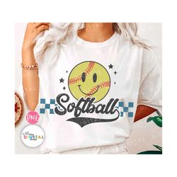 retro smiley face softball, softball png, softball sublimation design, softball game day png, softball sport png, softba