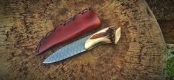 handmade crown stag handle knife | custom handmade stainless steel hand forged antler knife |stag horn handle full tang