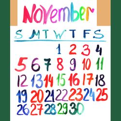 november 2023 watercolor lettering bright calendar | november 2023 cute colorful painted calendar (sketch style)