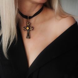 velvet choker cross, black embroidered choker, handmade choker, halloween necklace for women, girlfriend gift