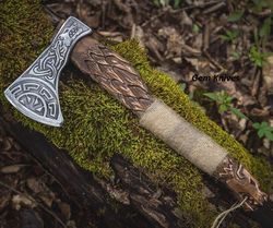 hand engraved carbon steel viking axe / hatchet, sharp edge, best new year gift.