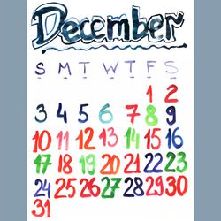 december 2023 watercolor lettering bright calendar | december 2023 cute colorful painted calendar (sketch style)