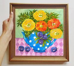 still life painting marigold flowers painting blue vase painting original oil painting polka dot teapot wall decor art