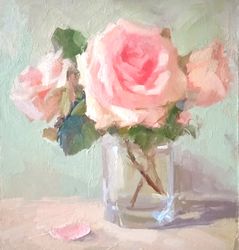 original oil painting roses in a glass 10,6/10 inch