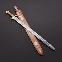 custom hand forged damascus steel viking sword, best quality, battle ready sword with leather heath mk6327m