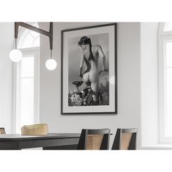 nude woman poster, woman on cycle, nude wall art, nude prints, nude photos, female nude, bathroom print, vintage posters