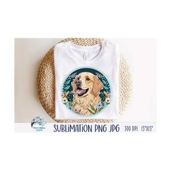 golden retriever dog sublimation png with flowers, floral dog with blond fur jpg, cute happy puppy clip art drawing