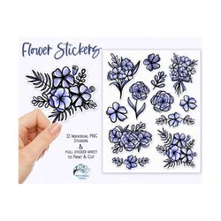 blue flower stickers png, printable flower stickers, floral printable stickers, flowers png, cricut print and cut, flowe