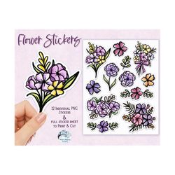 purple flower stickers png, printable flower stickers, floral printable stickers, flowers png, cricut print and cut, flo