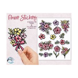 flower stickers png, printable flower stickers, floral printable stickers, flowers png, cricut print and cut, flower sti