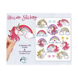 unicorn and rainbow stickers png, printable unicorn stickers, rainbow printable stickers, stickers for girl cricut print