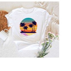 retro style tropical sunset shirt,palm beach shirt,retro sunset rays wavy shirt,vintage palm tree shirt,womens tropical