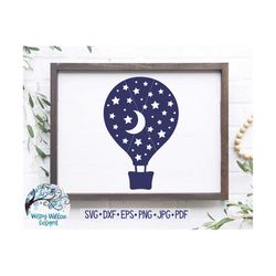 hot air balloon with moon and stars svg, hot air balloon with stars, night sky svg, hot air balloon decal file, nursery