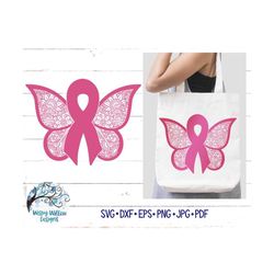 ribbon butterfly zentangle svg, dxf, png, breast cancer ribbon svg, butterfly svg, butterfly mandala, breast cancer mand