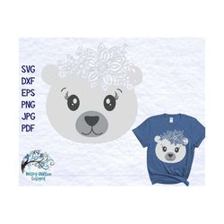 floral polar bear svg, dxf,  png, cute polar bear face svg, floral bear, cute winter animal svg, cricut, christmas svg,