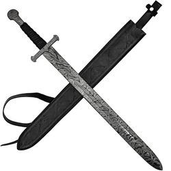 hand forged damascus steel templar sword devoted guidance medieval inspired full tang with leather sheath