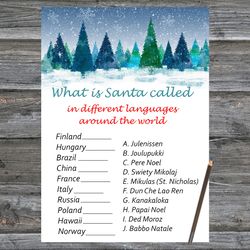 christmas party games,christmas around the world game printable,winter forest christmas trivia game cards