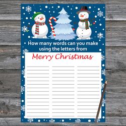 christmas party games,how many words can you make from merry christmas,cute snowman christmas trivia game cards