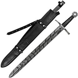 precise movements medieval hand forged damascus steel full tang costume cosplay sword w/ genuine leather sheath