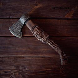 hand carved carbon steel viking axe / scandinavian mythology / medieval axe.