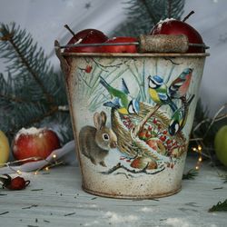 metal flowerpot or pail for storage winter birds christmas decor