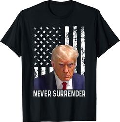 trump mug shot - donald trump mug shot - black flag - never surrender t-shirt