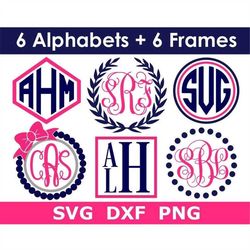 monogram svg bundle, 6 monogram alphabets  6 frames, holiday monogram, digital download, svg cut files (individual svg/p