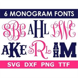 monogram svg bundle  ttf, 6 monogram font alphabets, digital download, cut file, engraving, clip art, individual svg/png