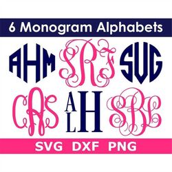 monogram svg bundle, 6 monogram alphabets, monogram letters svg, digital download, cut files (individual svg/png/dxf fil