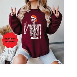 spooky sweatshirt, halloween skeleton sweatshirt, retro halloween, red hat skeleton, skeleton tee, skeleton halloween, h