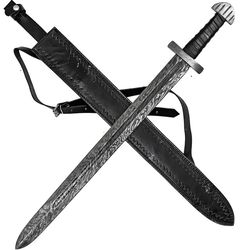 arbitrary provocation hand forged firestorm damascus steel medieval costume cosplay sword w/black genuine leather sheath