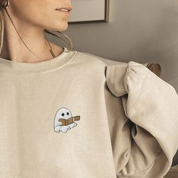 embroidered ghost reading sweatshirt, ghost book shirt, ghost drinking coffee shirt, cute halloween shirt, halloween swe