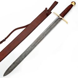 handmade damascus steel full tang battle cry berserker sword with leather sheath
