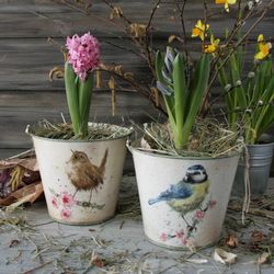 metal flowerpot or pail for storage  birds holiday party decoration