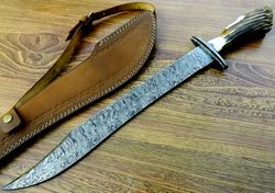 custom handmade damascus steel 24'' hunting sword with sheath gift for him, gift for husband, gift for friend