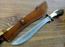 custom handmade damascus steel 24'' hunting sword with sheath gift for him, gift for husband, gift for friend